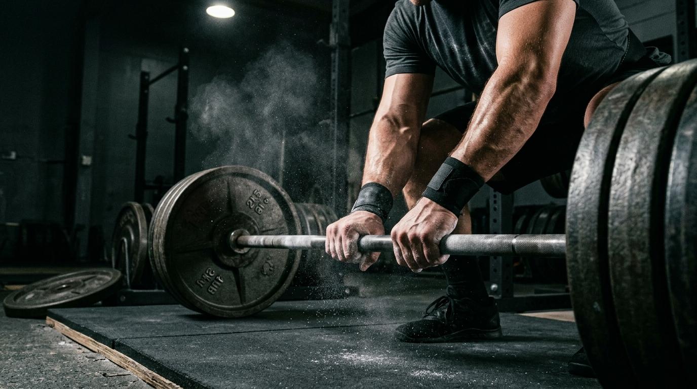 Olympic barbell heavy strength training with chalk and barbell knurling