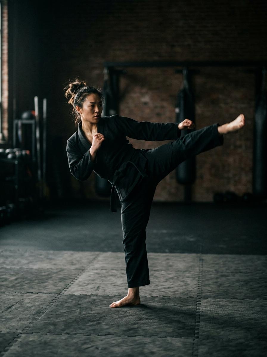 Martial artist executing dynamic kick in minimalist training dojo