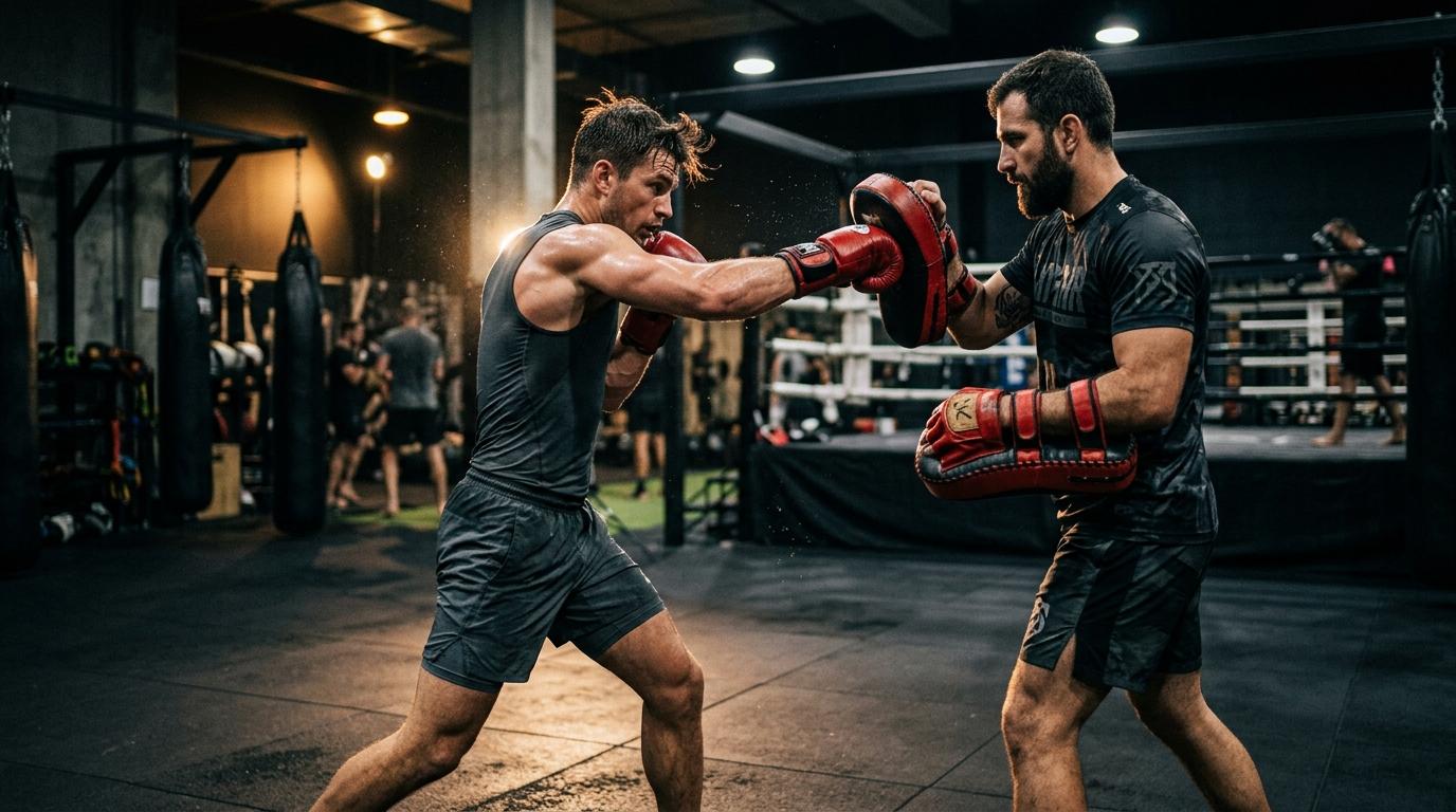 Coach and athlete training combat striking on pads