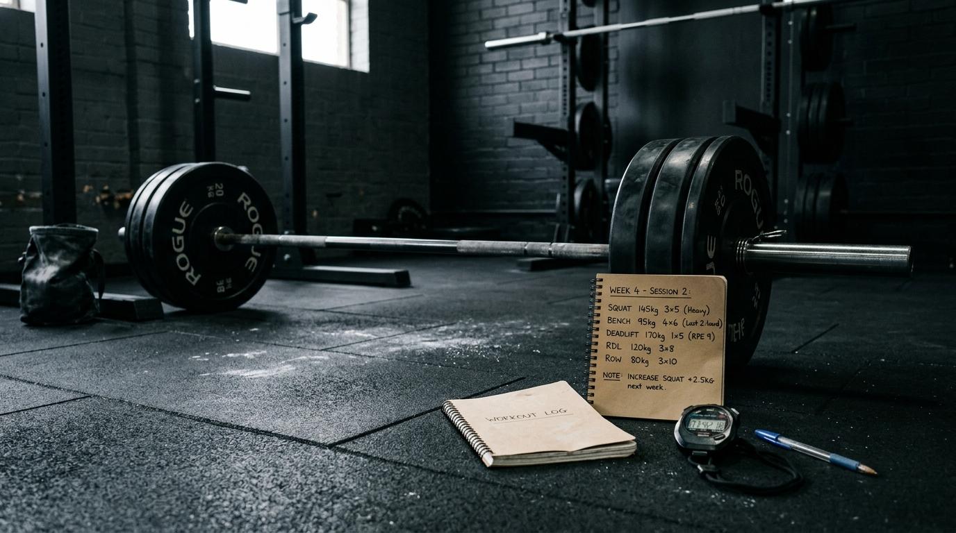 Loaded barbell with workout log and stopwatch